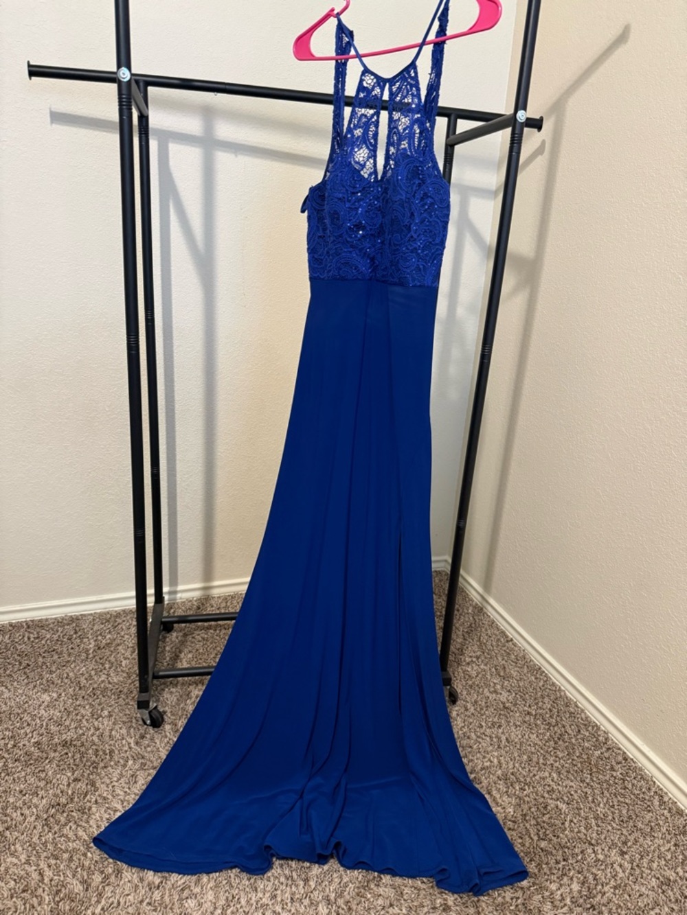 Sequin Hearts Royal Blue Lace Halter Prom Gown